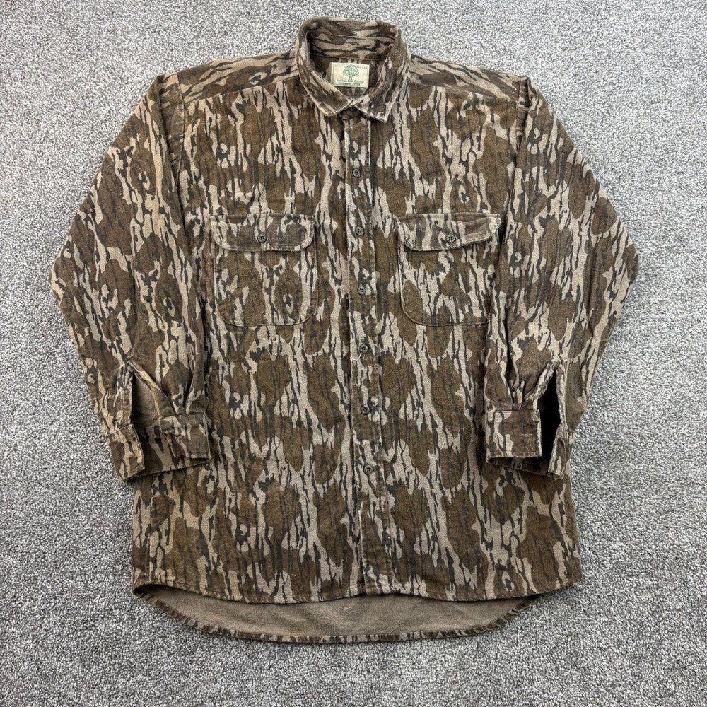 Vintage Mossy Oak Shirt Mens XL Brown Cotton Bottomland Camo Flannel Button Up